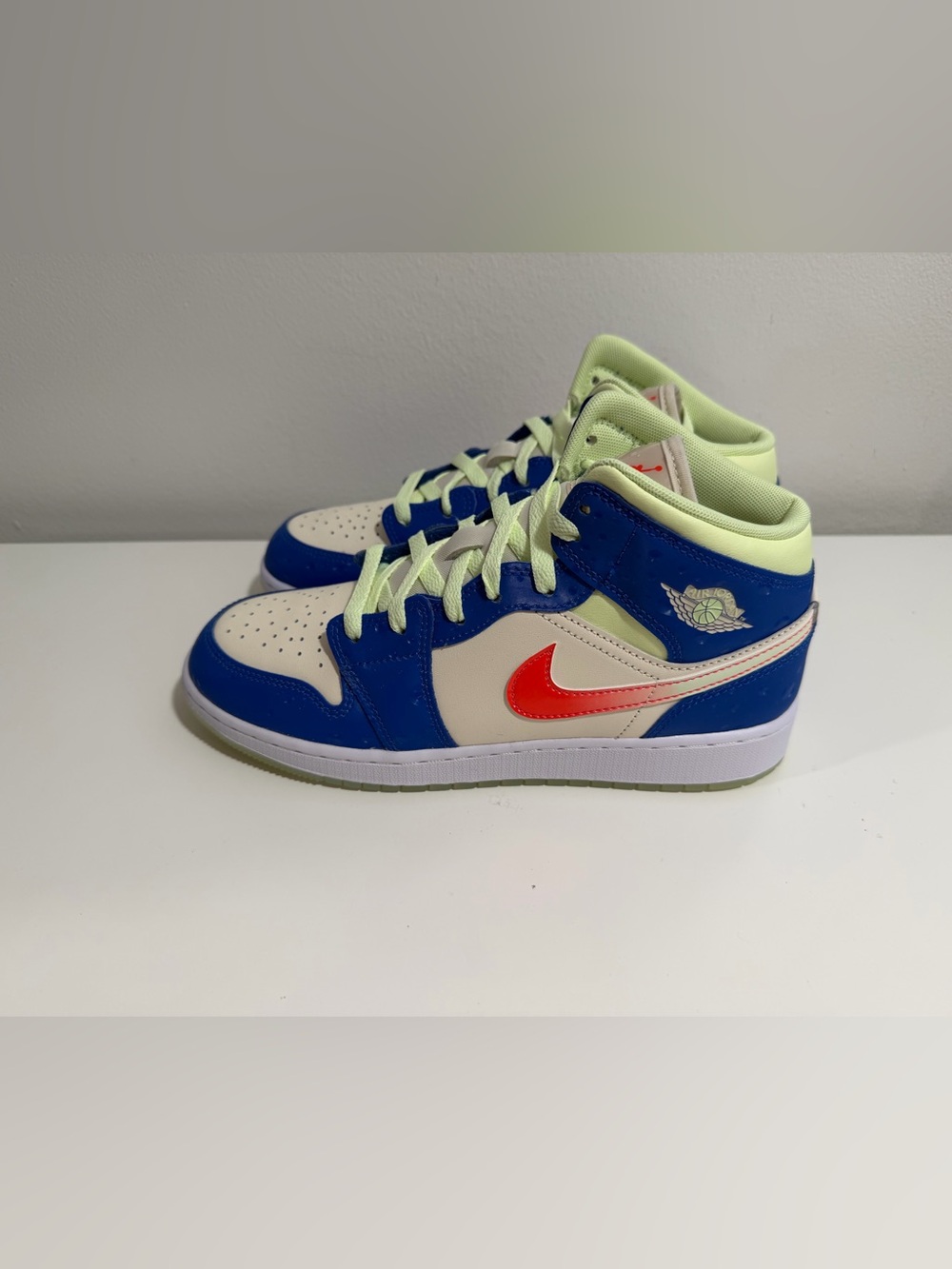 Jordan Kids High-Top Sneakers in Blue, Cream & Neon Green with Red Swoosh